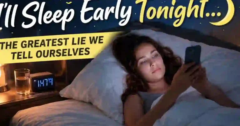 Woman lying in bed at 1:47 AM scrolling on her phone after saying she would sleep early tonight