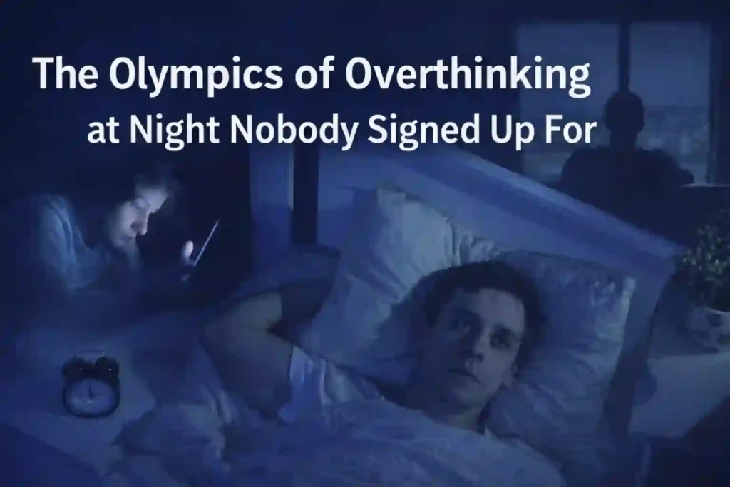 Man lying awake in bed at night while overthinking and unable to sleep.
