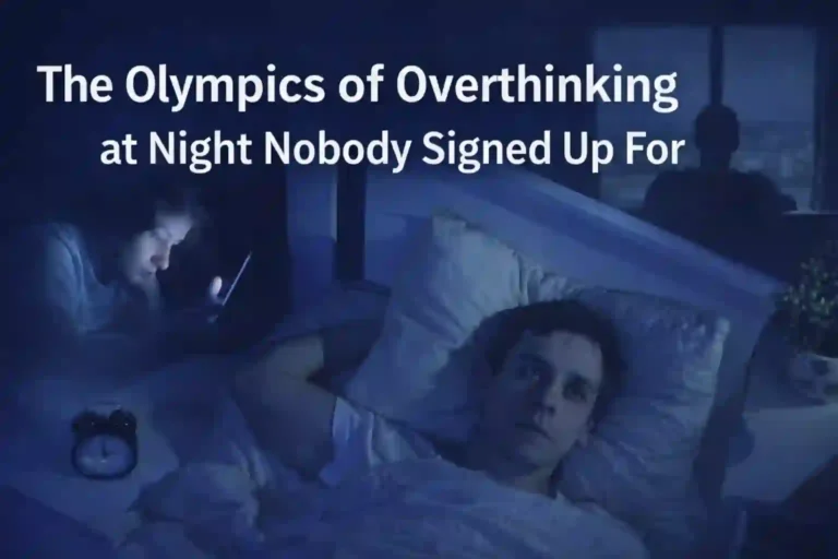 Man lying awake in bed at night while overthinking and unable to sleep.