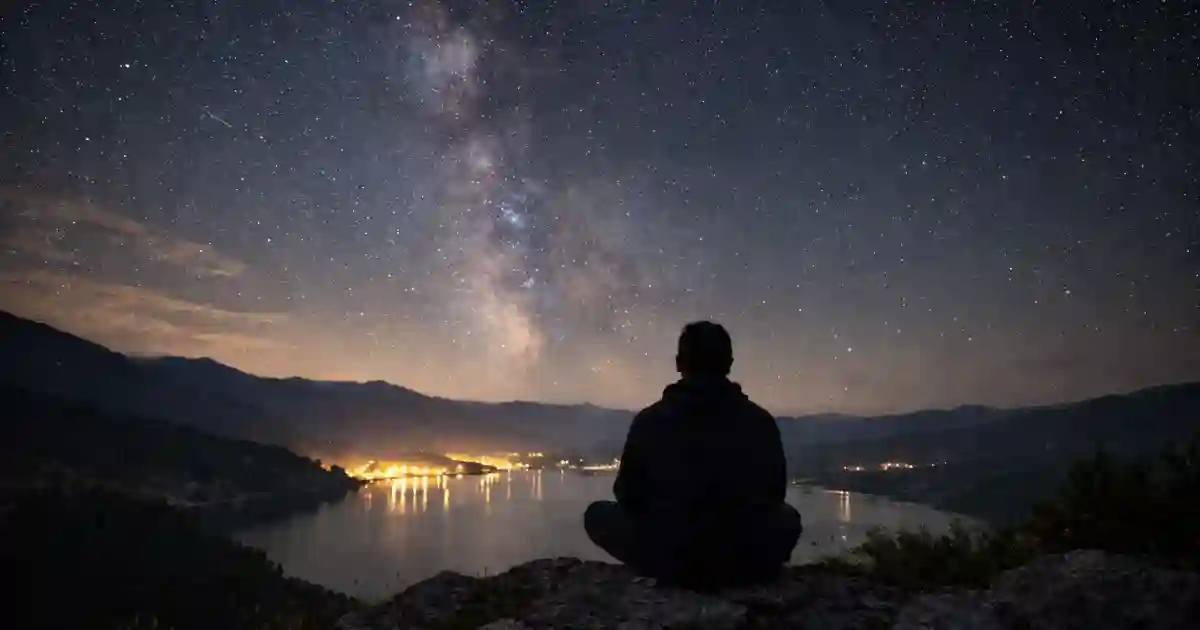 Man sitting on cliff at night under stars reflecting in silence.