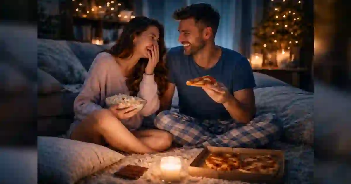 Husband and wife sharing laughter and comfort during a quiet night at home