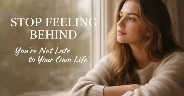 woman looking out window thoughtfully, stop feeling behind concept