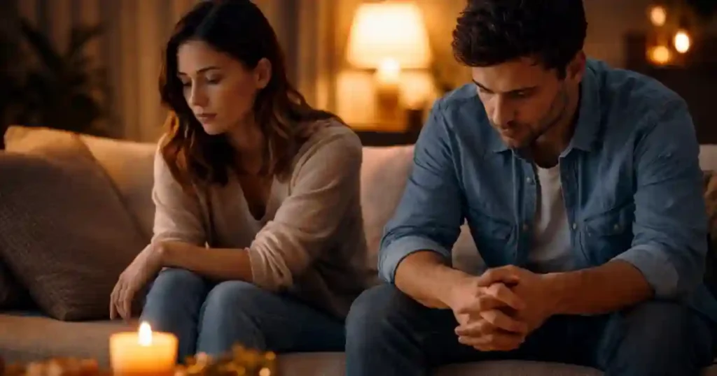 Silence in marriage as husband and wife sit apart on sofa at night