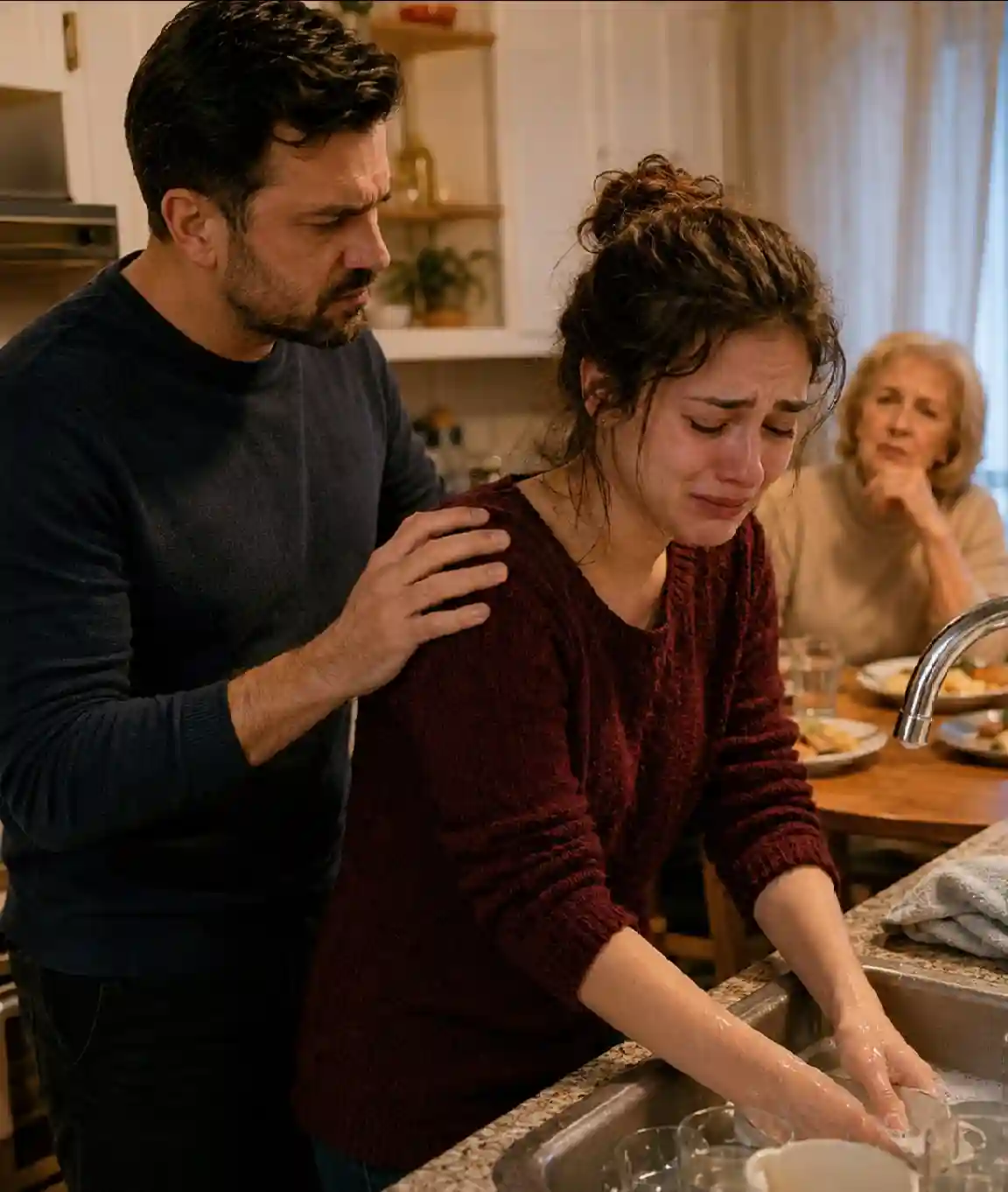 A distressed woman washing dishes in a kitchen while her husband stands beside her and an older woman watches from the dining table.