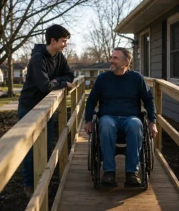 Teenager talking with a smiling man in a wheelchair on a wooden accessibility ramp outside a home.