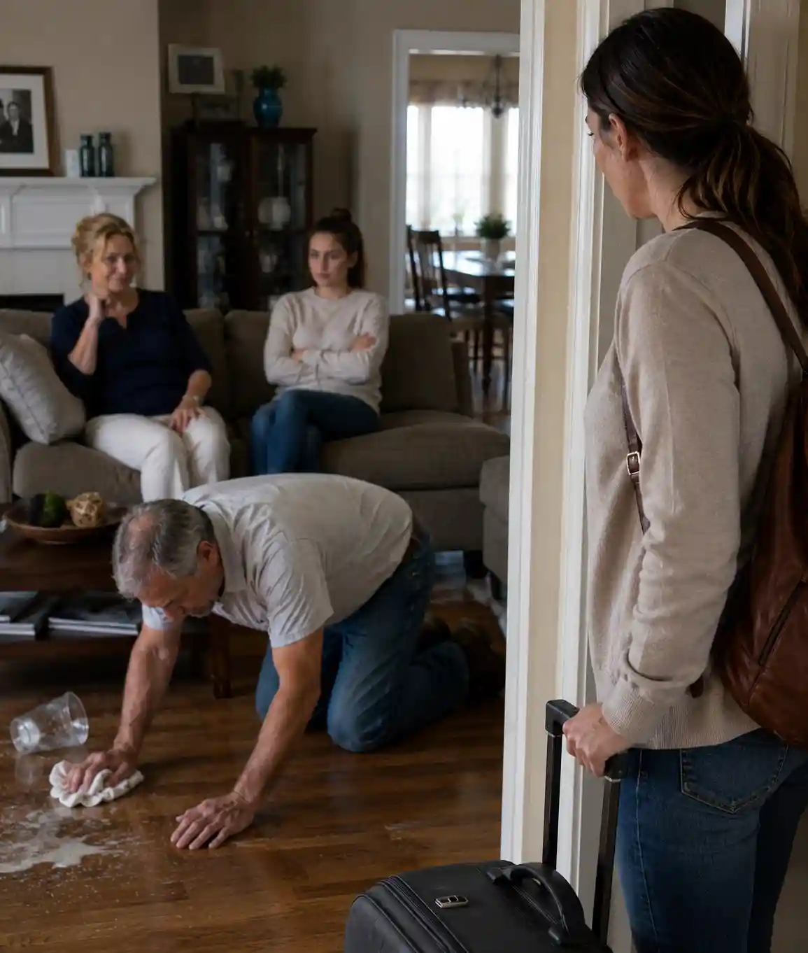 Woman returns home early and finds her elderly father cleaning the living room floor while two women watch from the sofa.