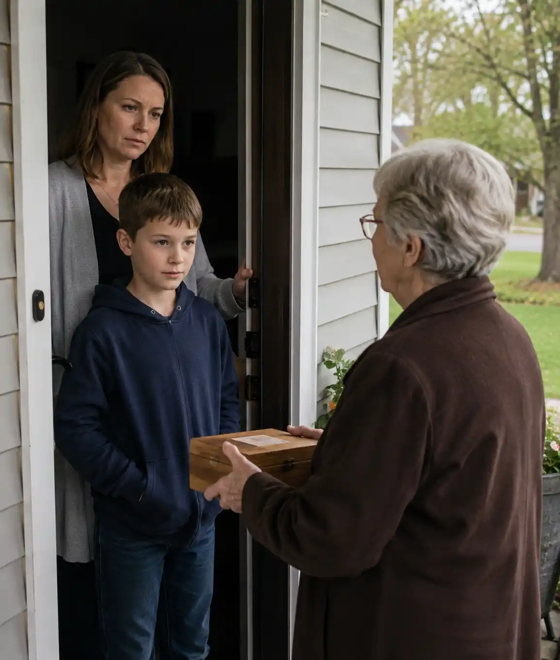 12-year-old boy and his mother receive a wooden box from a grieving woman at their front door.