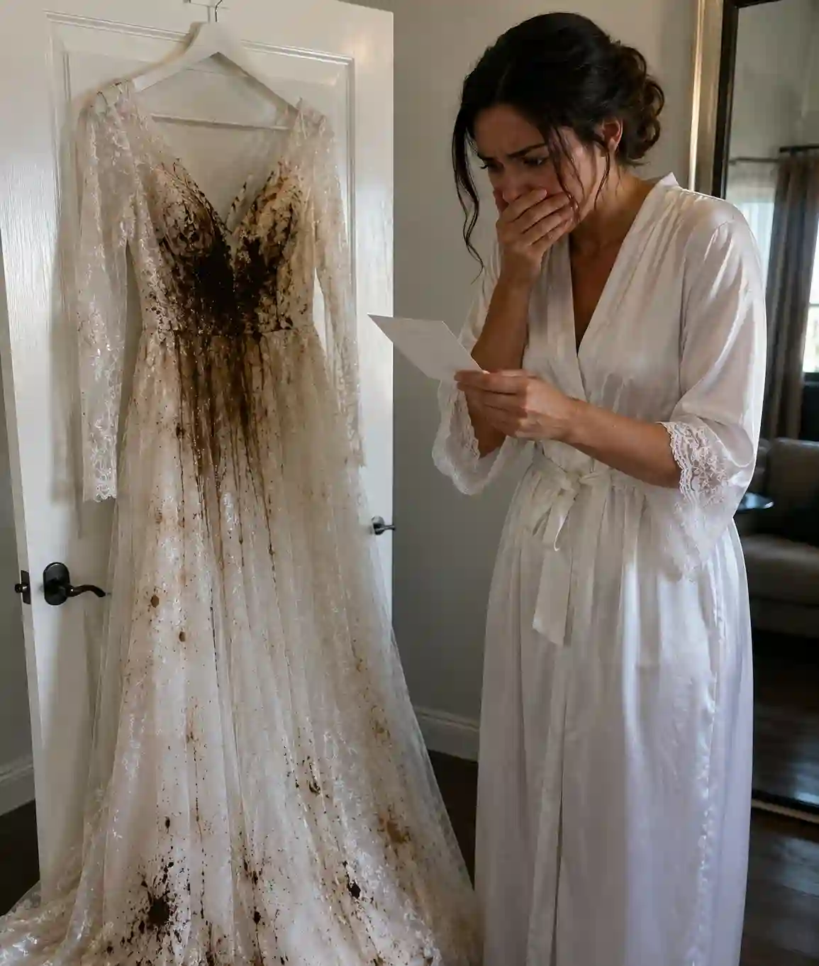 Bride discovering her wedding dress covered in dark stains while reading a note in a bridal room.