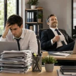 Stressed office employee surrounded by paperwork while his relaxed boss sits nearby with a coffee, illustrating workplace double standards and office politics.