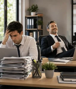 Stressed office employee surrounded by paperwork while his relaxed boss sits nearby with a coffee, illustrating workplace double standards and office politics.