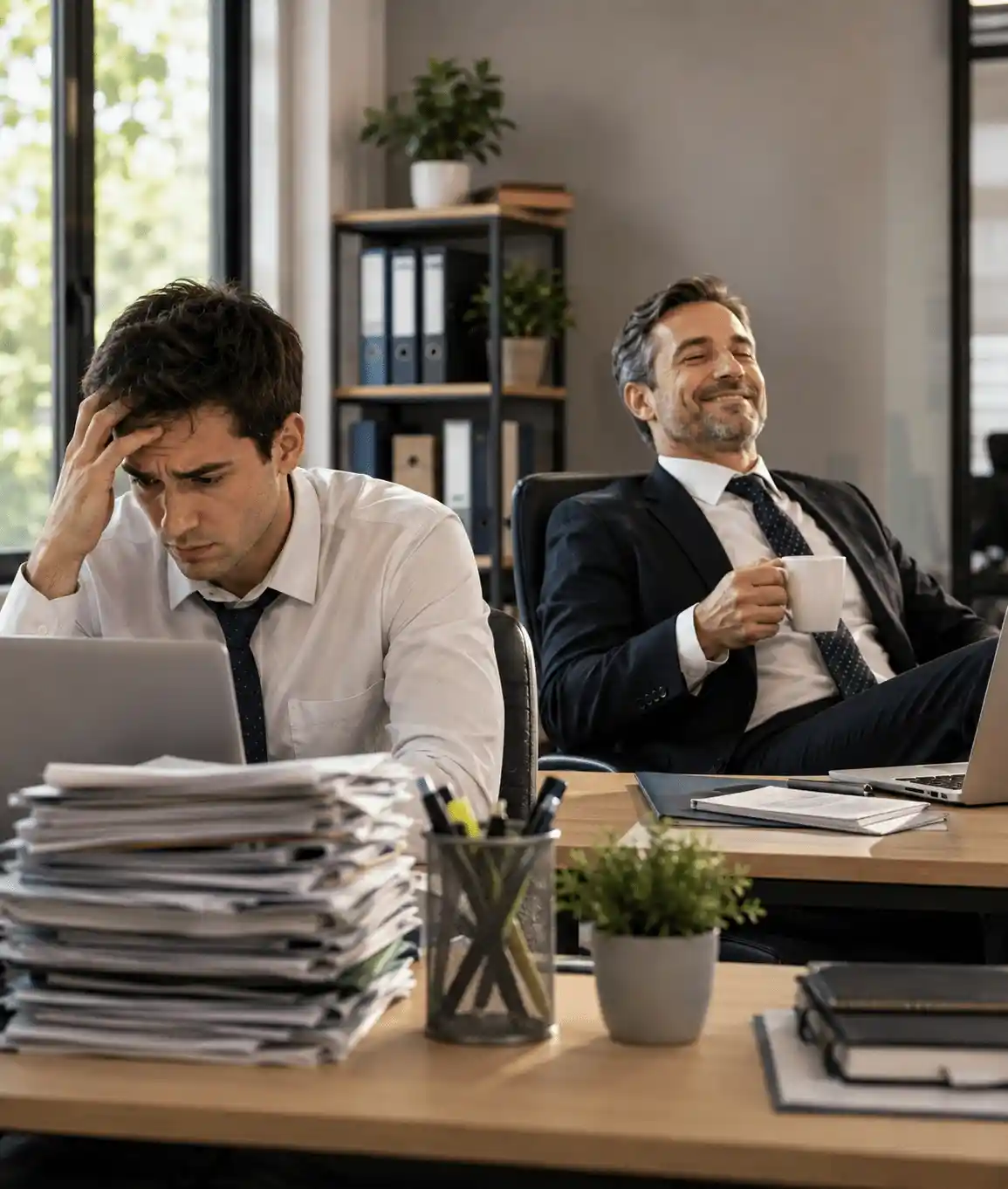 Stressed office employee surrounded by paperwork while his relaxed boss sits nearby with a coffee, illustrating workplace double standards and office politics.
