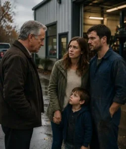 Older man speaking seriously with a worried couple and their young son outside a workshop.