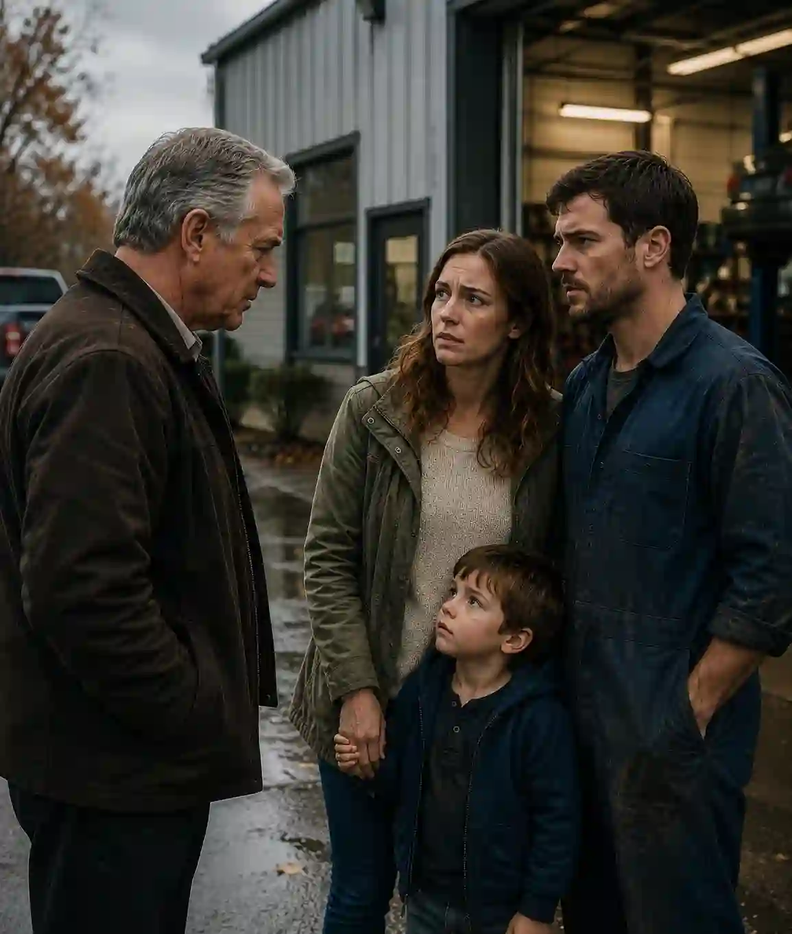 Older man speaking seriously with a worried couple and their young son outside a workshop.