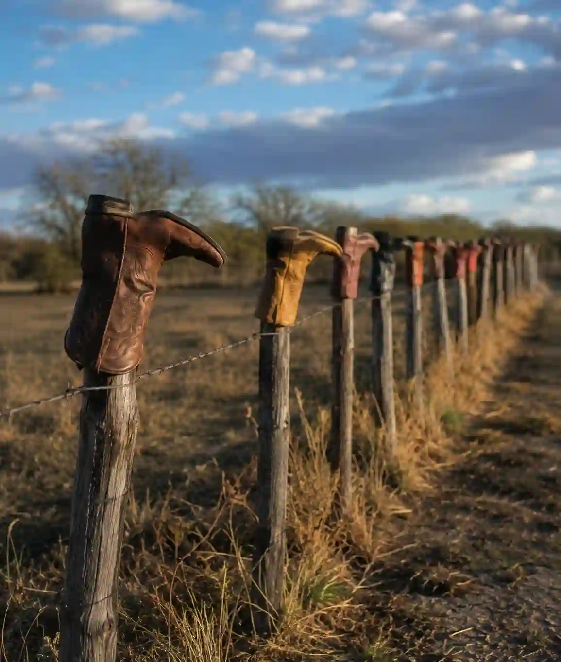 Cowboy boots lined along a weathered fence in a rural field at sunset.