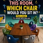 Personality quiz showing nine colorful chairs around a conference table, asking which chair you would choose.”