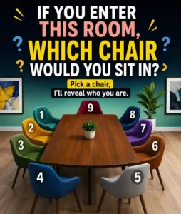 Personality quiz showing nine colorful chairs around a conference table, asking which chair you would choose.”