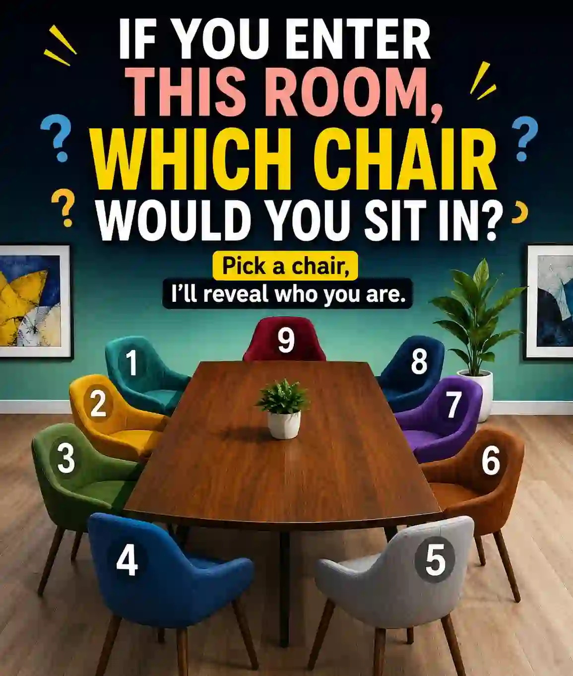 Personality quiz showing nine colorful chairs around a conference table, asking which chair you would choose.”