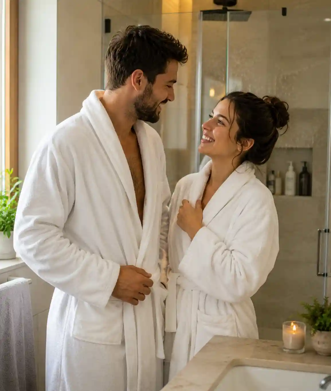 Married couple smiling together in robes beside a modern shower in a warm, cozy bathroom.