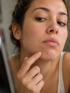 Woman examining facial hair on her chin in a mirror