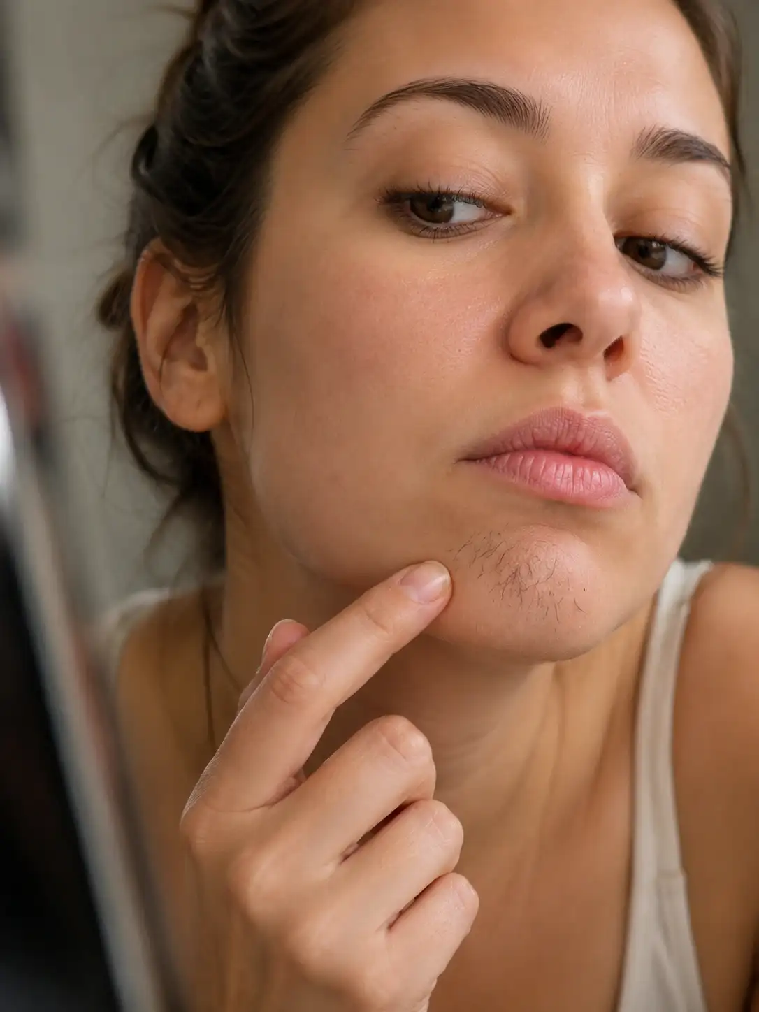 Woman examining facial hair on her chin in a mirror