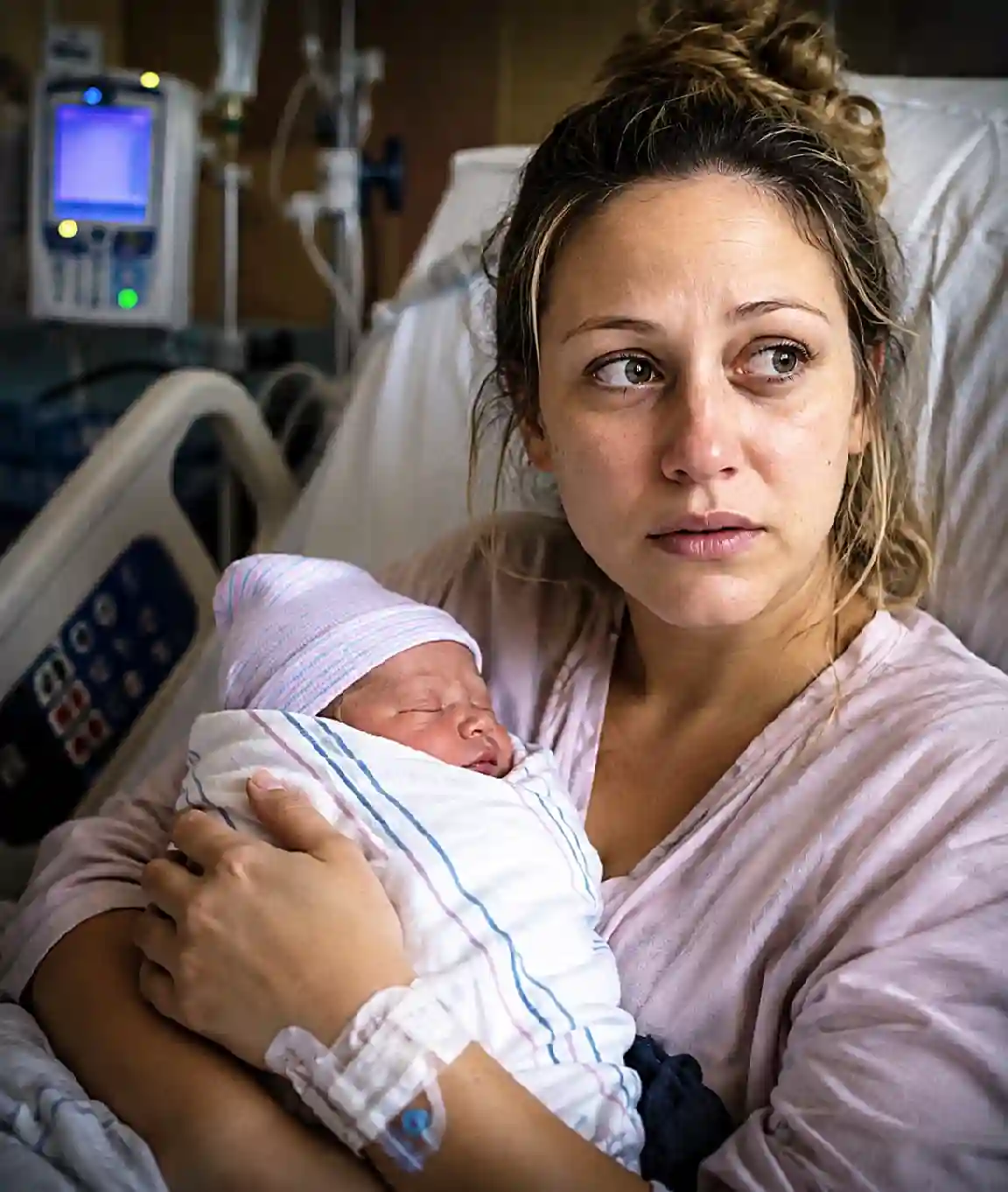 Pregnant mother holding her newborn baby in a hospital room during her cancer treatment journey