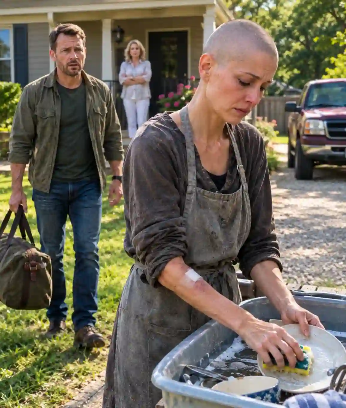Military Husband Returns Home After 4 Years Overseas and Finds His Bald, Sick Wife Washing Dishes Behind the House—Then He Discovers Why His Family Hid the Truth